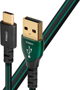 Cavo USB Audioquest Forest verde e oro, connettori USB-A e USB-C neri, guaina intrecciata verde, lunghezza 0,75 metri