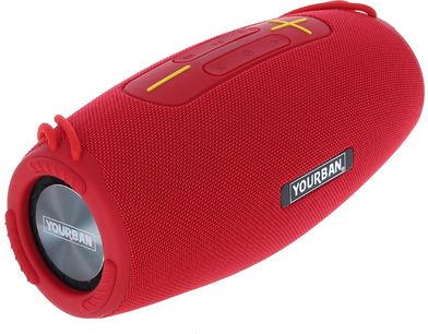 Bluetooth zvočnik Yourban Getone 45 rdeč, pogled s treh četrtin, valjasta oblika, rdeča tkanina, rumeni gumbi, viden logotip
