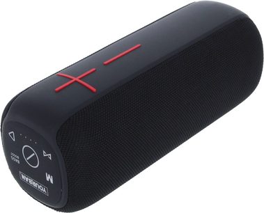 Bluetooth-højttaler Yourban GETONE 48 BLACK, cylindrisk form, sort gitter, røde knapper, perspektivvisning, venstre ende med betjeningselementer