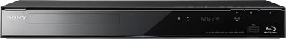 Sony BDP-S770 sort 4K Blu-ray-afspiller, set forfra, med blank frontpanel, display, knapper og diskskuffe
