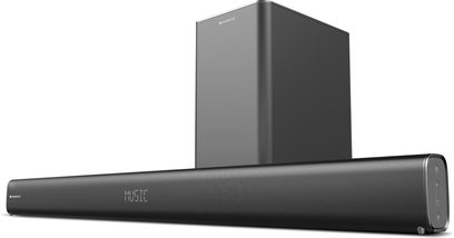 Cambridge Audio TVB2 sort soundbar med integreret basrør, set forfra og fra højre profil