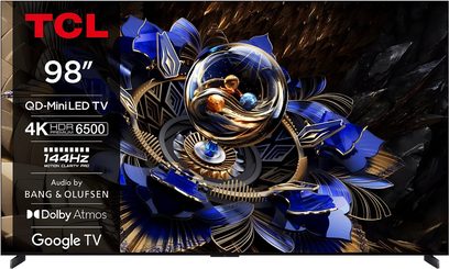 TCL 98X11K højopløsnings-tv i sort, slankt metal- og plastikramme, stor flad 98-tommers skærm med diskrete fødder, set forfra