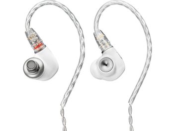 Slúchadlá do uší Meze Audio Alba, pohľad spredu, biele slúchadlá s priehľadnými skrútenými káblami