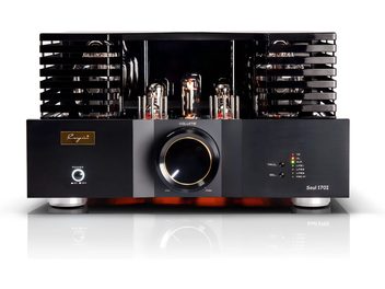 Cayin Soul 170i Stereo-Röhrenverstärker Holz, Frontansicht, schwarz gebürstete Aluminium-Oberfläche mit großem, goldumrandetem Lautstärkeregler in der Mitte, glühende Glasröhren seitlich durch Gitter geschützt und mehrfarbige Eingangsanzeigen rechts, auf Metallfüßen stehend