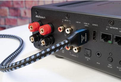 Amplificador de alta fidelidad estéreo SVS Prime Wireless Pro SoundBase, vista trasera de las conexiones de audio RCA y HDMI, entradas de línea y red