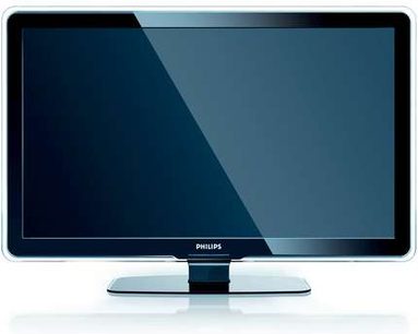 Philips 52PFL7203H fladskærms-TV, frontvisning, slukket, sølvfarvet ramme, på metalstativ