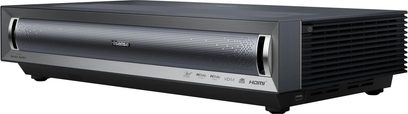 Hisense PX3-Pro Projector, angled view, front with perforated grille, sides with ventilation slots, black feet