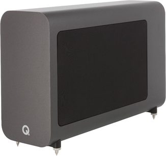 Caisson de grave Q Acoustics 3060S gris graphite. Forme rectangulaire arrondie. Grille noire sur face avant. Pieds coniques