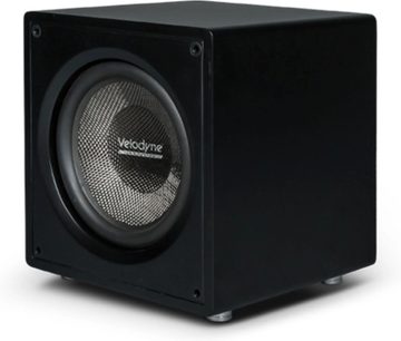 Velodyne VI-Q 12 sort subwoofer, kubeformet kabinet med frontvendt højttaler med flettet metalkegle, trekvartvisning