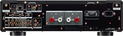Marantz Model 40n silver stereo hi-fi amplifier, rear view, audio/video connectivity, switches, inputs, speaker outputs