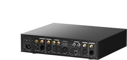 DAC EverSolo Z-10 preto em metal, vista traseira em três quartos, portas RCA, XLR, coaxial, óptica, USB e HDMI ARC