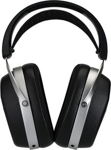 Hifiman Audivina LE lukkede hovedtelefoner, sort og sølv, rektangulære ørepuder i kunstlæder, perforeret hovedbøjle, set forfra