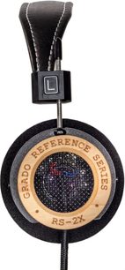 Atviras hifi ausinės Grado RS2x, šoninis vaizdas, šviesaus medžio apvalus ausų kaušelis, juodas metalinis tinklelis, juoda odinė juosta