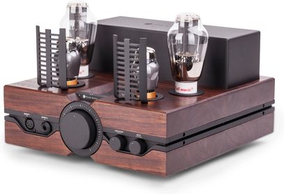 Preamplificatore per cuffie high-fidelity Feliks Audio Envy Performance in noce con valvole a vista e frontale nero con grande manopola