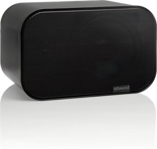 Siyah ArtSound UNI40 kompakt hi-fi hoparlör, beyaz zemin üzerinde yuvarlatılmış ızgaralı ön panel