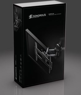 Vægmonteret TV-beslag Sonorous SUREFIX530 sort, set forfra i perspektiv, drejeligt armsystem foldet sammen, vægmonteringsdele synlige