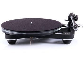 Gramofon Rega Planar 8 matně černý, skleněný talíř, raménko, přenoska, kuželovité nožky, pohled z předního tříčtvrtečního úhlu