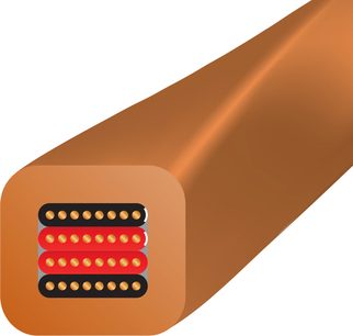 Cavo per altoparlanti o diffusori, sezione trasversale rettangolare, guaina esterna in rame, conduttori allineati in 4 file alternate rosse e nere