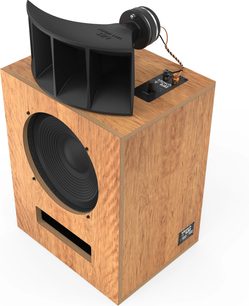 Enceinte bibliothèque Klipsch kO-R1 Figueroa Veneer Chêne avec un haut-parleur circulaire, un pavillon noir et une ouverture rectangulaire