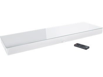 Sounddeck Canton Smart Sounddeck 100 alb mat cu partea superioară din sticlă și telecomandă neagră văzută din față