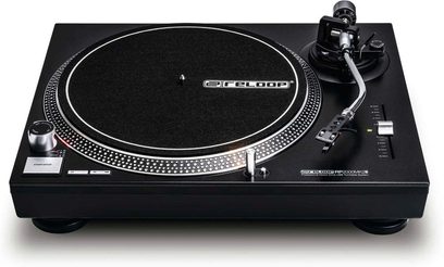 Reloop RP 2000 USB MK2 sort pladespiller, rund pladespiller, tonarm med pickup, justeringer og tilslutninger på forsiden