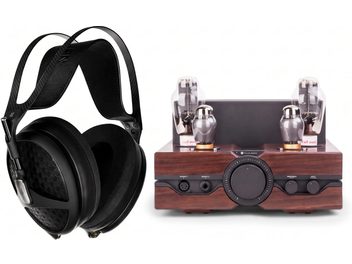Svarta hörlurar med dubbel huvudbygel och brun rörförstärkare från Feliks Audio, med stort centralt vred