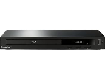 Leitor Blu-ray Krovatar KB-200D preto, visto de frente, com bandeja de disco, visor digital e porta USB frontal