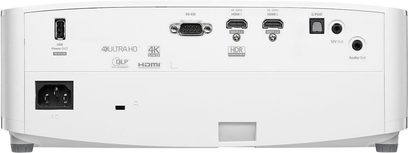 Optoma UHD38X hvid videoprojektor, bagside, HDMI-, USB-, RS-232-tilslutning, 4K UHD, HDR, DLP