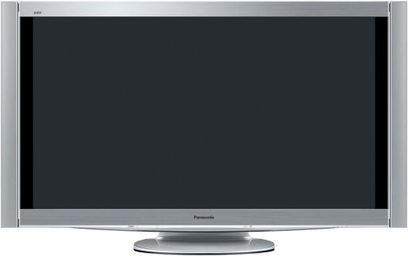 Panasonic TX-P46Z11 fladskærms-TV med rektangulær skærm, slukket, sølvfarvet ramme, frontvisning centreret på metalfod