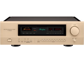 Accuphase T-1300, FM-viritin kultaisella harjatulla alumiinilla, etunäkymä, suuri oikeanpuoleinen painike, punaiset LED-näytöt ja VU-mittari