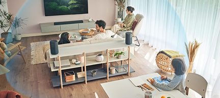Fugleperspektiv af en stue med sofa, reol, sofabord, vægmonteret tv, planter, hvide gardiner, trægulv