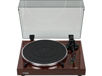 Giradischi hi-fi TD 202 noce con base in finitura legno, piatto circolare nero, braccio di lettura nero, coperchio trasparente sollevato