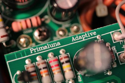 Amplificatore hi-fi a valvole PrimaLuna Evo 300 integrato nero. Circuito stampato verde "Adaptive" con componenti elettronici e resistenze colorate