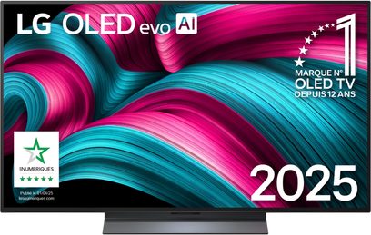 Τηλεόραση LG OLED48C5 μαύρη με επίπεδη οθόνη OLED, λεπτό μεταλλικό πλαίσιο και κεντρική ορθογώνια βάση, όψη από μπροστά