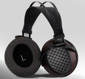 Black and wood Sendy Audio hi-fi over-ear headphones, perforated metal grilles, gray fabric oval ear pads