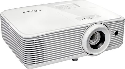 Optoma HD30LV videoprojektor i hvid, plastik, trekvarts forfra, linse, vandrette ventilationsgitter