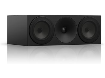 Centrální reproduktor Amphion Argon 5C černý, pohled zepředu, 3 černé kruhové reproduktory na matně černém obdélníkovém boxu