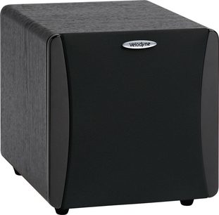 Velodyne Impact Mini sort subwoofer, set forfra, kubisk form, mørk træfinish, hvidt logo på forsiden