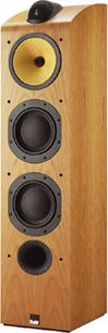 Bowers & Wilkins 703 gulvhøjttaler i lyst træ med gule og sorte højttalere og sort diskanthøjttaler øverst, set forfra