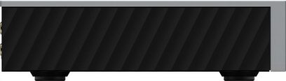 Matrix Audio Mini-i Pro 4 netværksafspiller set fra siden, sølvfarvet aluminiumschassis med sort diagonalt rillet frontpanel og sorte cylindriske fødder