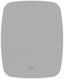 Klipsch RSM-800 vit utomhushögtalare, frontvy, rektangulär perforerad metallgaller, vit ram