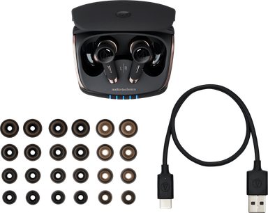 Cuffie audio wireless ATH-TWX9 nere con auricolari intra-auricolari, cavo USB e inserti in silicone di diverse dimensioni