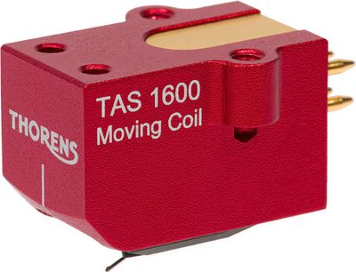 Thorens TAS 1600 vinila atskaņotāja kapsulas, sarkans taisnstūrveida korpuss, balti uzraksti, zeltīti kontakti, vara vads