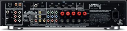 Marantz NR-1402 sort hjemmebiografsforstærker, bagside, audio/video-tilslutninger, RCA-stik, HDMI, FM-antenne, Ethernet-port
