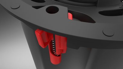 Decken-Einbaulautsprecher Klipsch PIC-650-T BW, Teilansicht im Winkel, schwarze Struktur, rote Befestigung mit sichtbarer Feder