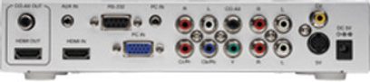 Zadní panel HDMI přepínače/scaleru Lindy 32596 s porty HDMI, VGA, audio a napájením
