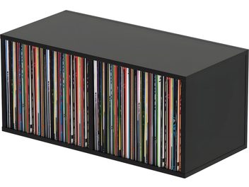 Siyah Glorious Record Box 230 plak rafı, dikey plaklarla dolu iki bölmeli alçak dikdörtgen saklama ünitesi