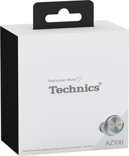 Auriculares hifi inalámbricos Bluetooth Technics EAH-AZ100E plateados, caja rectangular vista en perspectiva, superficie blanca y negra, texto gris