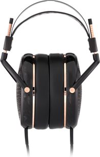 Auriculares hi-fi con cable abiertos Audeze CRBN2, vista frontal, almohadillas negras, diadema metálica, acentos dorados, rejilla lateral