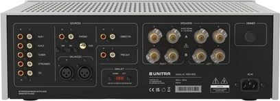 Integrierter Unitra WSH-805 Hi-Fi-Verstärker in Silber, Metallgehäuse, Rückansicht, RCA, 2 XLR, Lautsprecherklemmen, IEC-Buchse